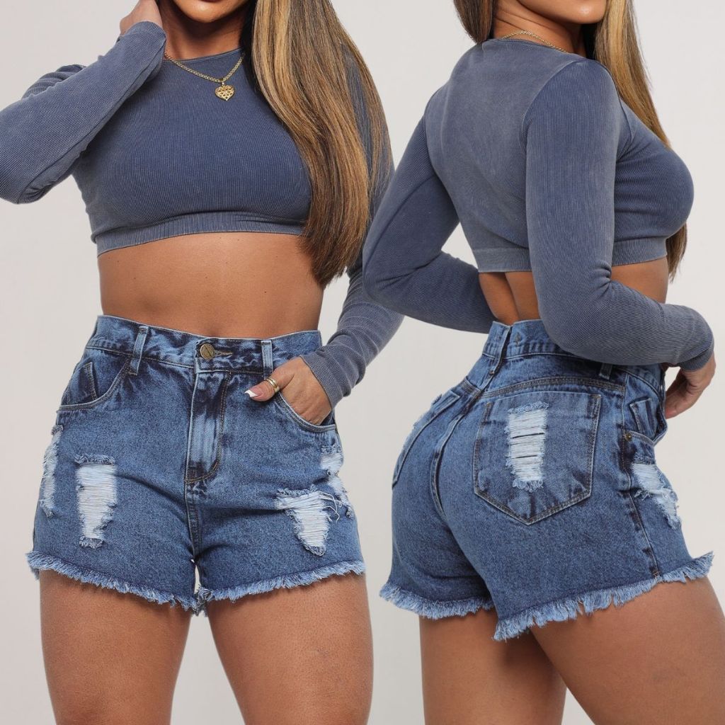 Short Jeans 100% Algodão Sem Elastano Azul Claro Barra Desfiada Destroyed Cintura Alta Empina Bumbum