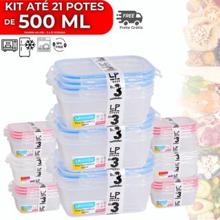 Kit até 21 Potes 500ml Hermético Pote Com Tampa 4 Travas Alta Vedação Não Vaza Marmitas Fitness