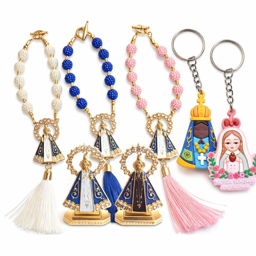 Kit Religioso Proteção Carro Terço Retrovisor Nossa Senhora Aparecida Fátima Chaveiro e Estatueta