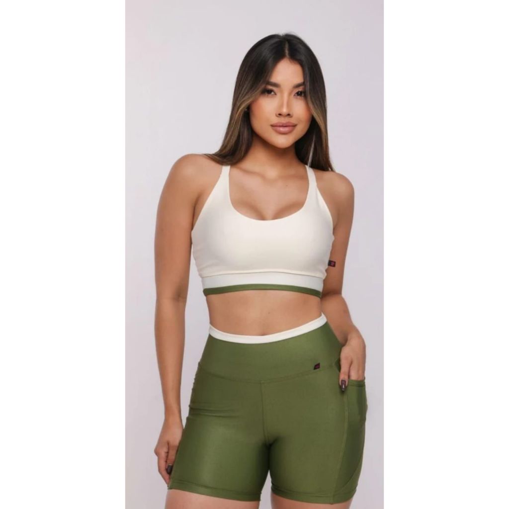 Conjunto Fitness Feminino Shorts + Top Alta Sustentação Cintura Alta Academia Treino Yoga Moda Fitness