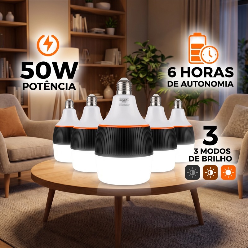 KIT 5 Lâmpada LED 50w 6h Sem Fio Emergência Super Bulbo 8500K recarregável Bivolt Branco Frio Quarto/Luz noturna-HY-599 em Oferta na Shopee