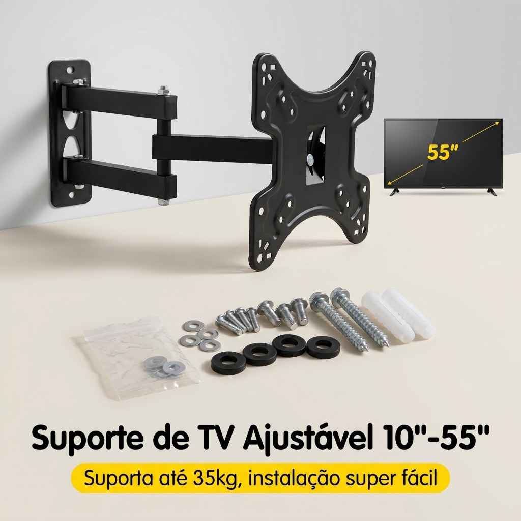 Suporte Articulado TV 10–55” Parede Reforçado Retrátil Giratório Inclinação VESA 75x75–200x200