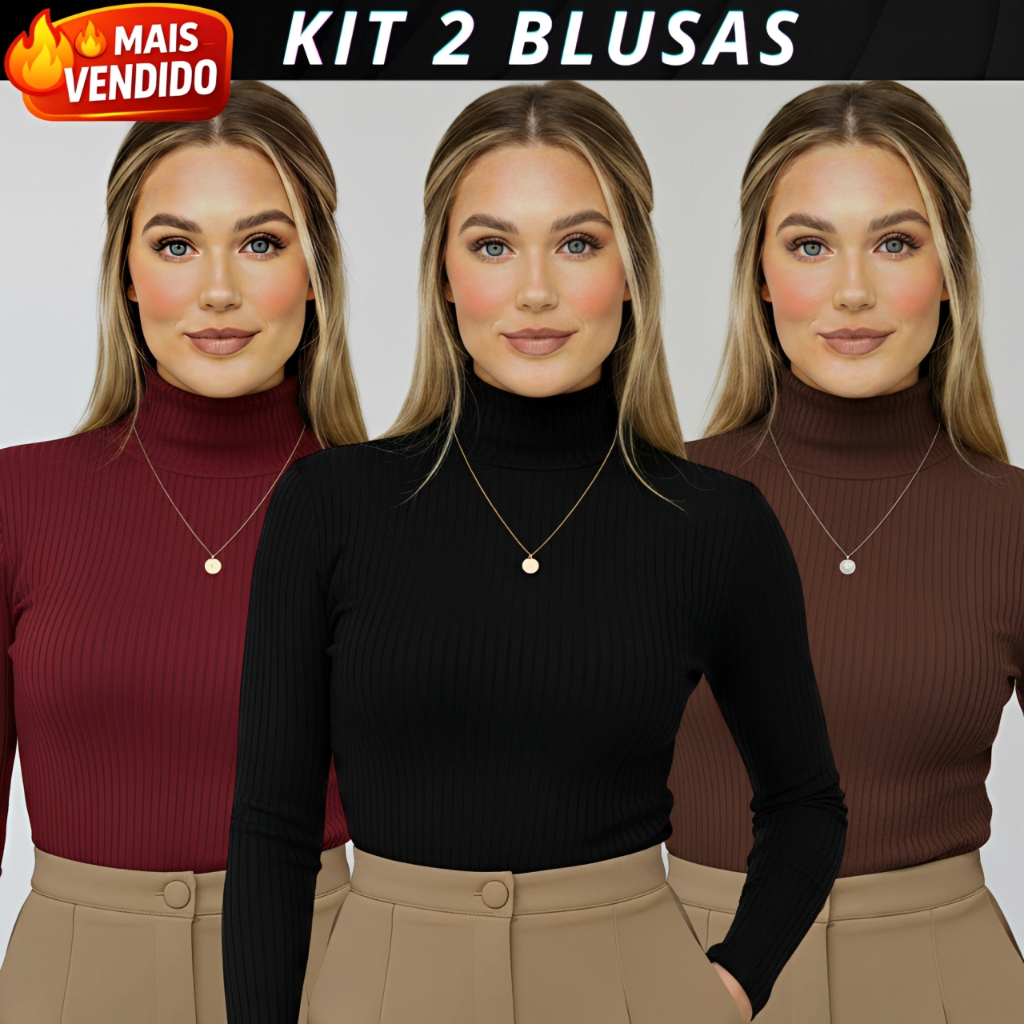Kit 2 Blusa Cacharrel Feminina Gola Alta Canelada Manga Longa Inverno Segunda Pele Premium Promoção