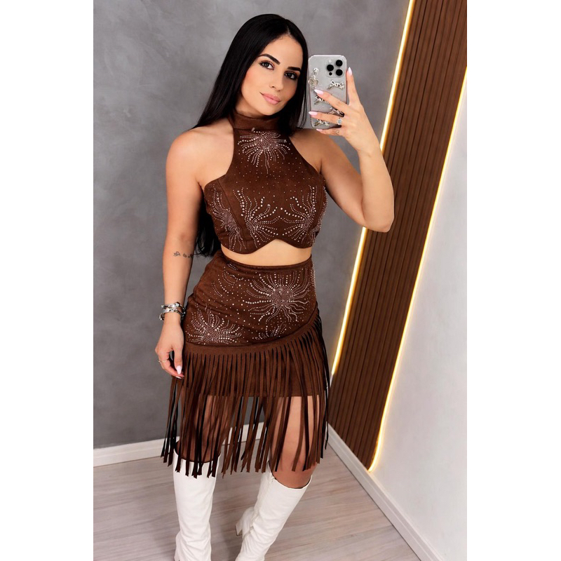Conjunto Feminino Country Cropped mais saia franjas com Brilho Moda Rodeio