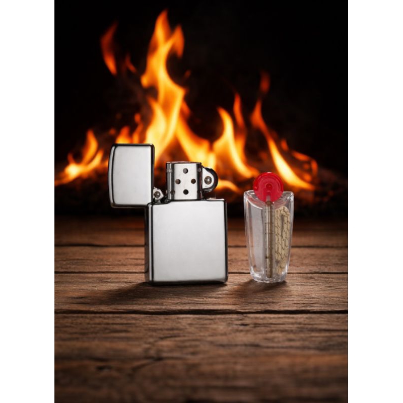 Kit isqueiro tipo zippo cromado e pedra de reposiçao