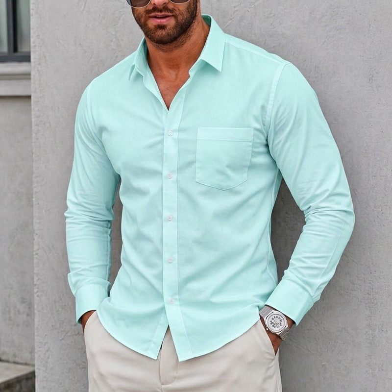 Camisa masculina de manga comprida com gola redonda, para primavera/outono, com botões brancos contrastantes. Moderna e