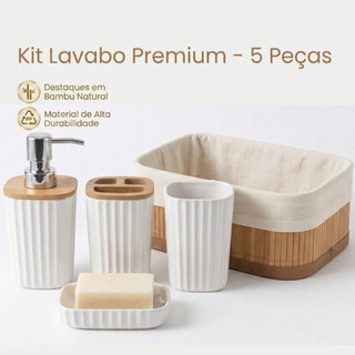 Kit Banheiro Lavabo 4 ou 5 Peças Bambu Natural Canelado Premium com Cesto Organizador Opcional Branco Preto Cinza