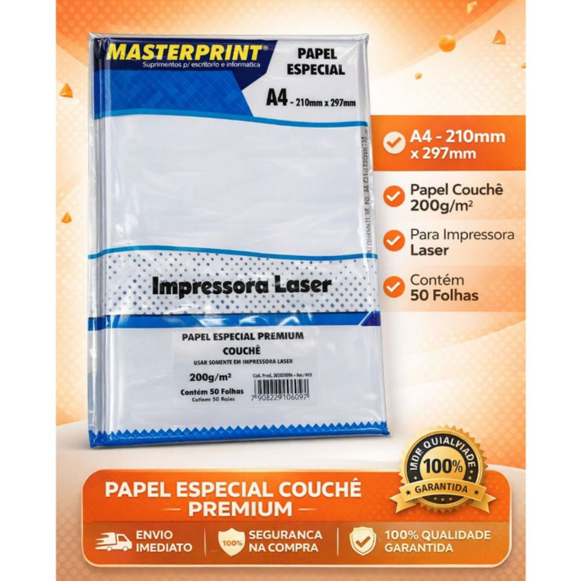 PAPEL BRANCO COUCHE 200G P/ IMPRESSORA LASER A4 - 50FOLHAS