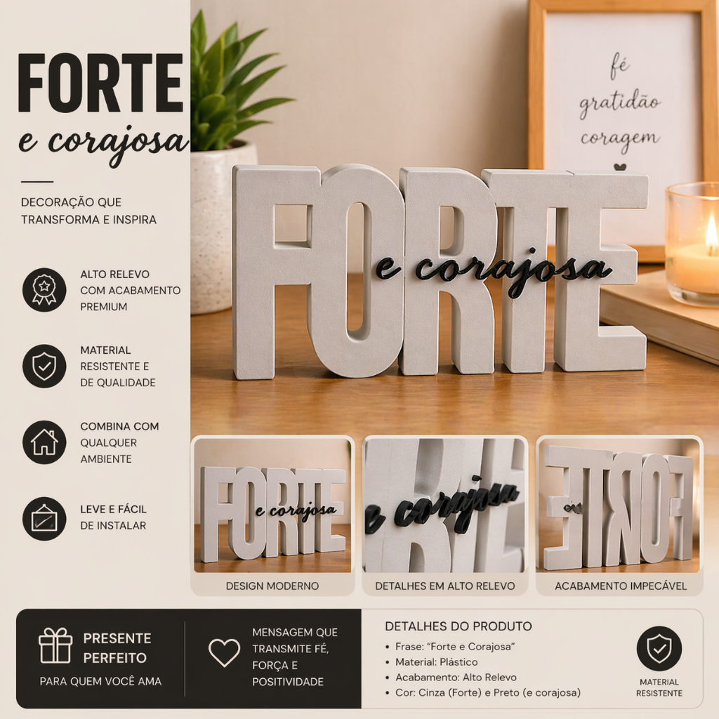 Placa Decorativa Forte e Corajosa Alto Relevo | Quadro Religioso ModernoDecoração Cristã