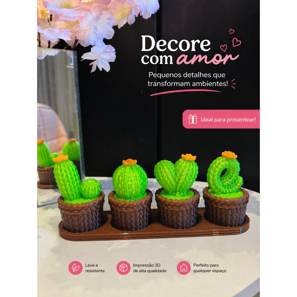 Kit 4 Mini Vasinhos Love Cactus Suculenta Crochê Love Decoração Planta Artificial loja banheiro casa enfeite