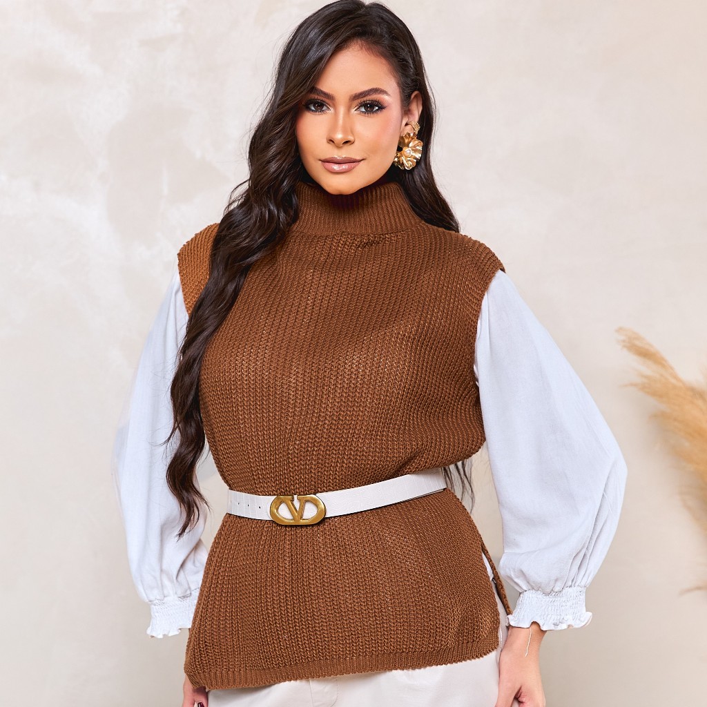 Colete Maxxi Fang Básico Liso Tricot Gola Alta Max Comprido Lançamento Versátil Elegante Estiloso