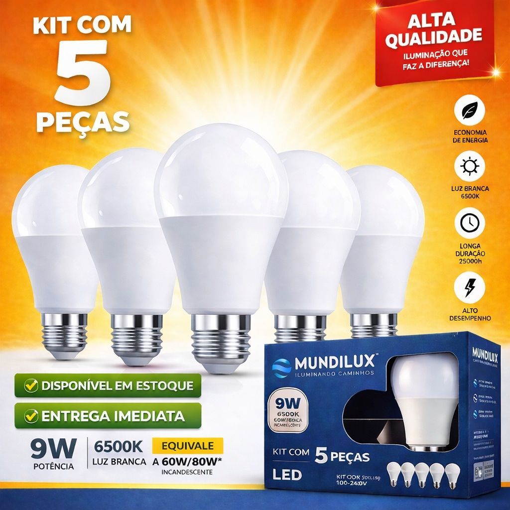 Kit 5 Lâmpadas LED 9W E27 6500K Mundilux - Luz Branca Fria Econômica Bivolt