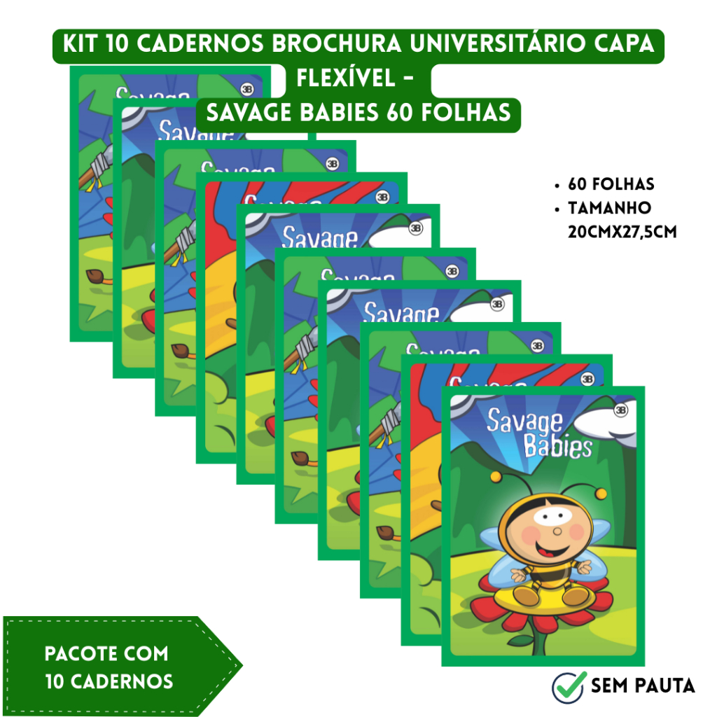 Kit 10 Cadernos Brochura Universitário SEM PAUTA 60 Folhas Capa Flexível Savage Babies 3B Cadernos