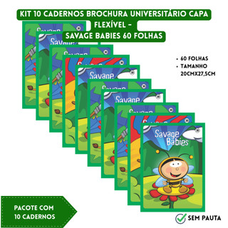 Kit 10 Cadernos Brochura Universitário SEM PAUTA 60 Folhas Capa Flexível Savage Babies 3B Cadernos