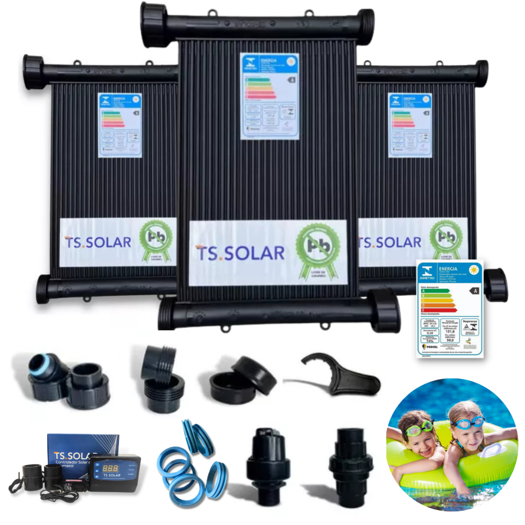 Kit Aquecedor Solar Piscina 6 Placas TS Solar + Kit Fechamento + Controlador Digital + Válvulas