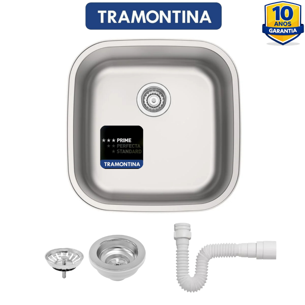 Cuba Tramontina Aria Maxi 40x40 BS Prime Aço Inox Acetinado Cozinha de Embutir Sobrepor com Válvula Tramontina e Sifão
