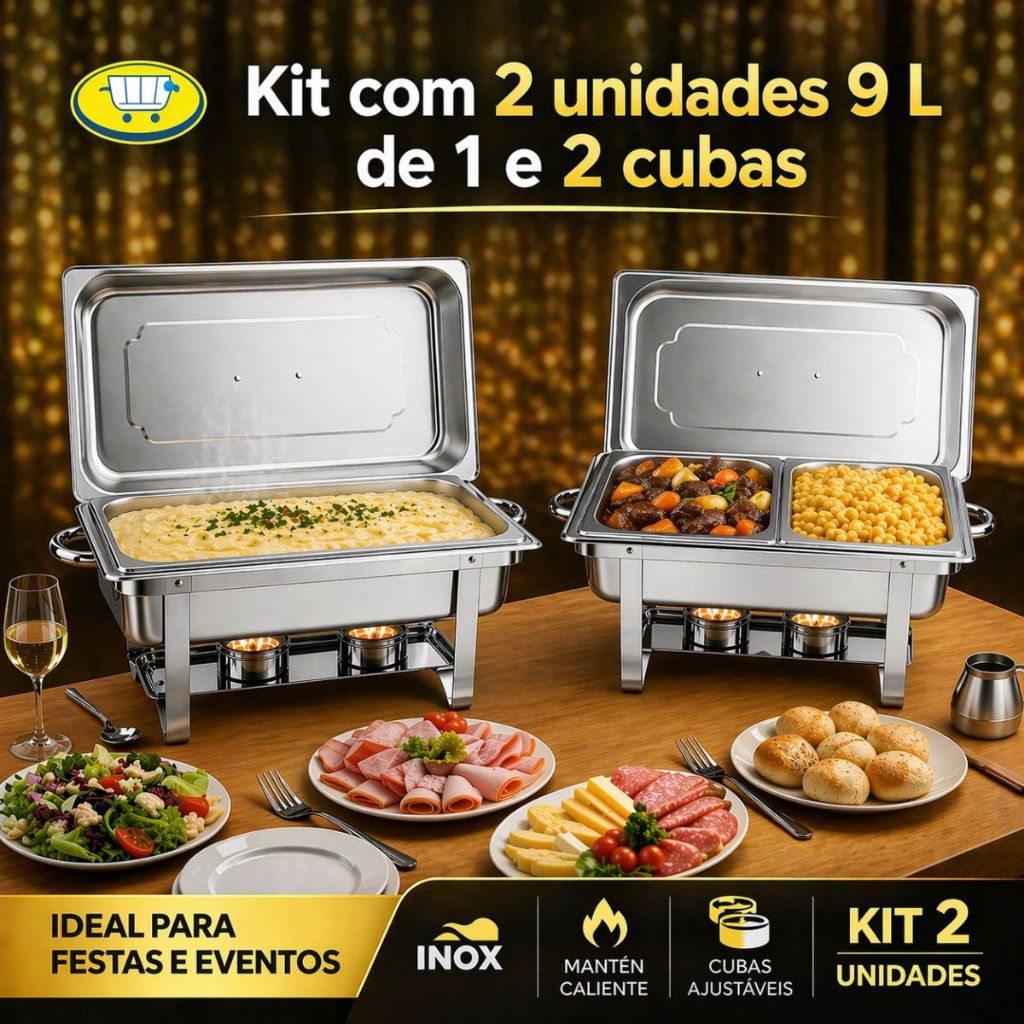 Kit 2 Rechaud Retangular 9 Litros com 1/2 Cubas Banho Maria Gourmet Self Service Buffet Profissional