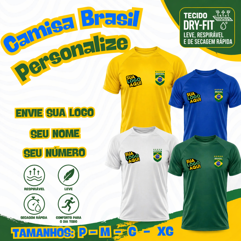 Camisa Brasil Personalizada Dry-Fit | Logo Nome e Número | Varios Modelos | Amarela e Verde | Uniforme Eventos e Times