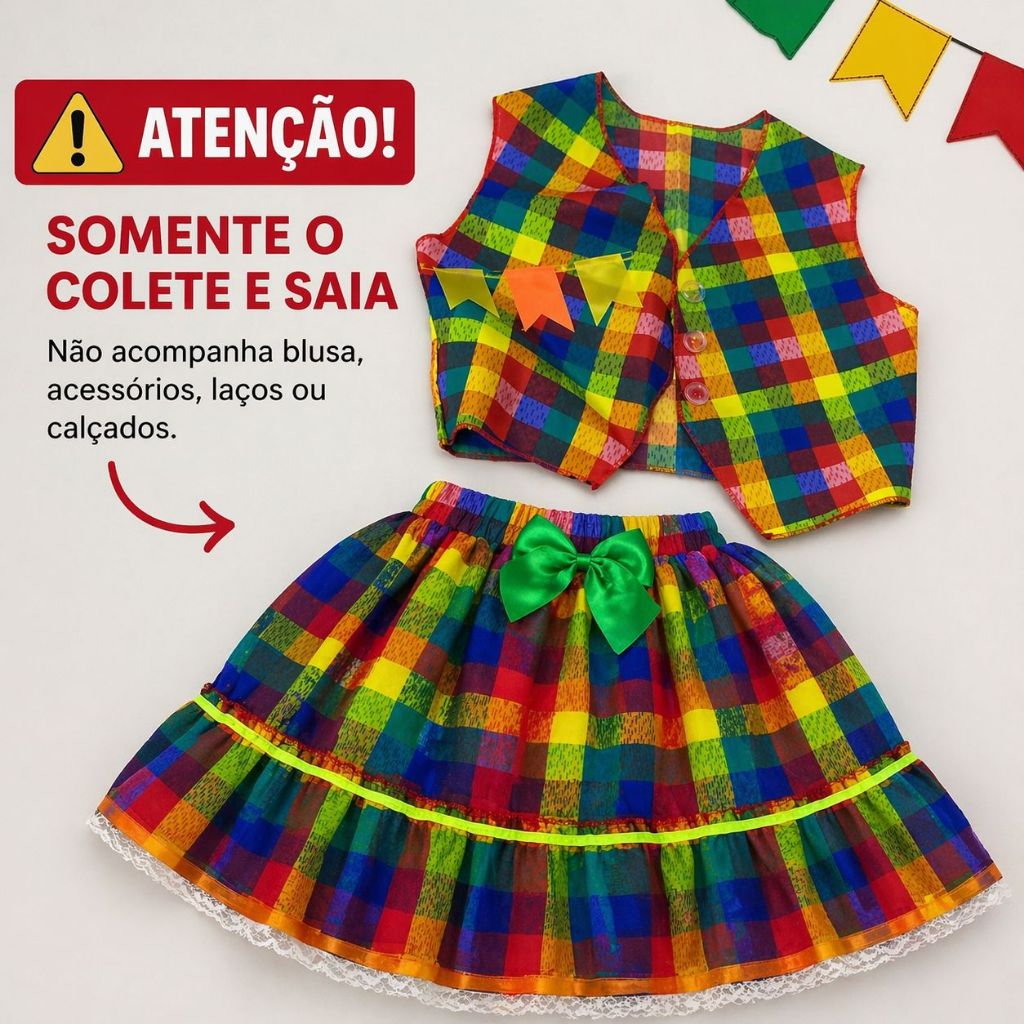 Detalhes do Conjunto Junino Saia e Colete Xadrez Menina Festa Junina Arraial São João