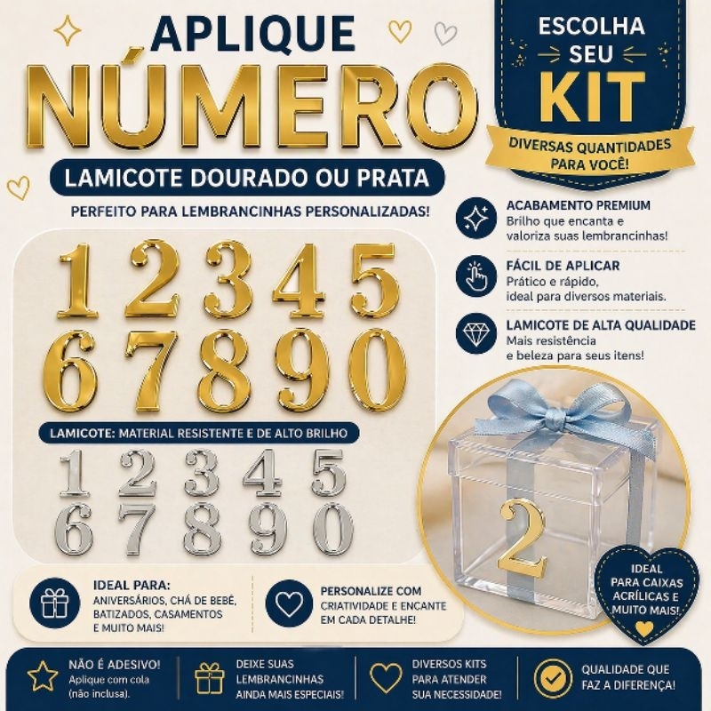 Aplique Número em papel Dourado ou Prata para Lembrancinhas Personalizadas