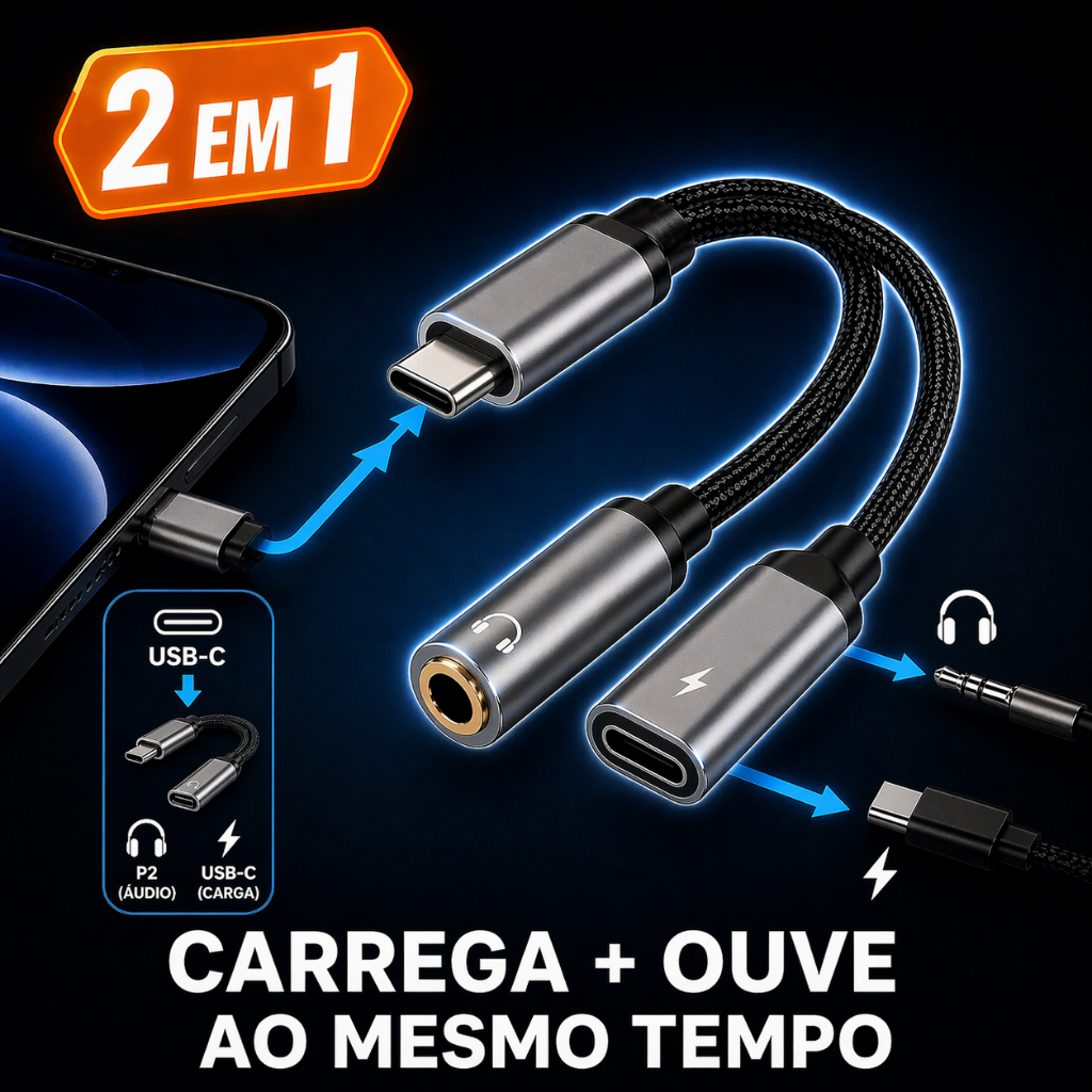 Adaptador USB C Para Fone De Ouvido P2 e Carregador USB C 2 em 1 Para Conector De Áudio Carregamento