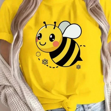 Camiseta Feminina Estampa De Abelhinha Delicada Confortável Tecido Leve Manga Curta 100% Algodão