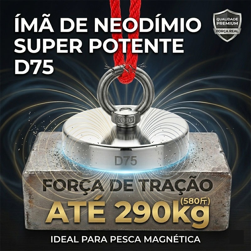 Super Ímã de Neodímio Pesca Magnética 290kg D75 com Gancho Argola - Alta Potência para Busca e Resgate