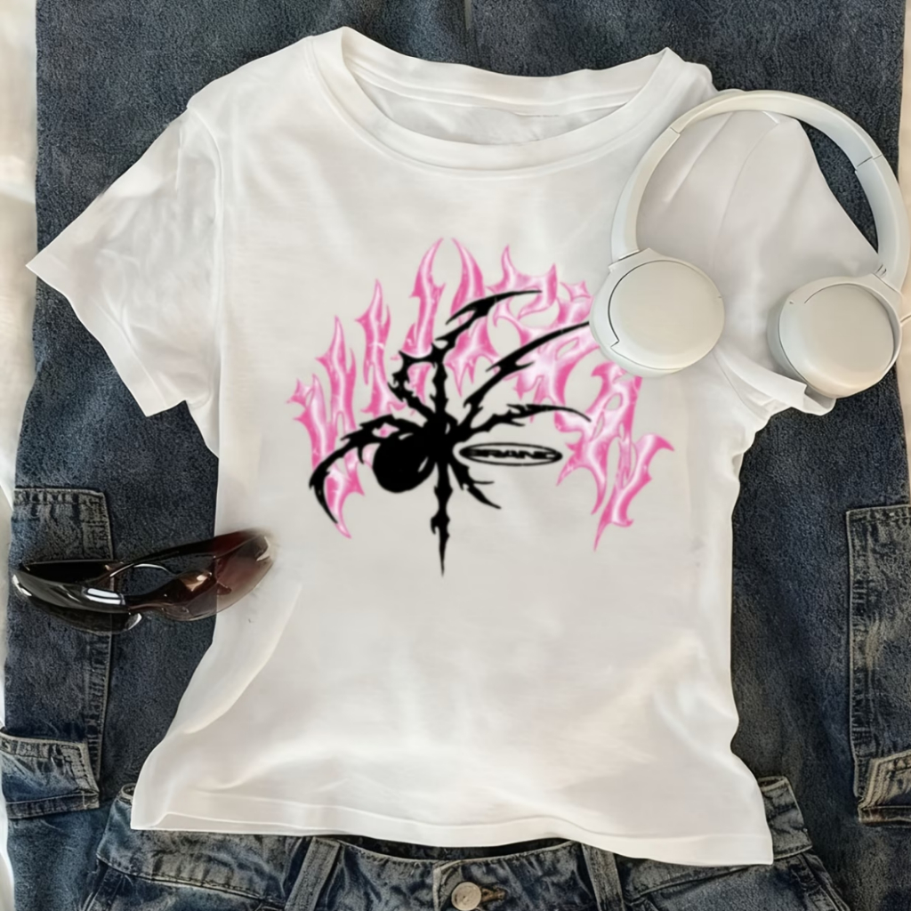 Baby Tee Aranha Cyber Grunge Estampa Rosa Y2K Streetwear Justinho Moda Cropped