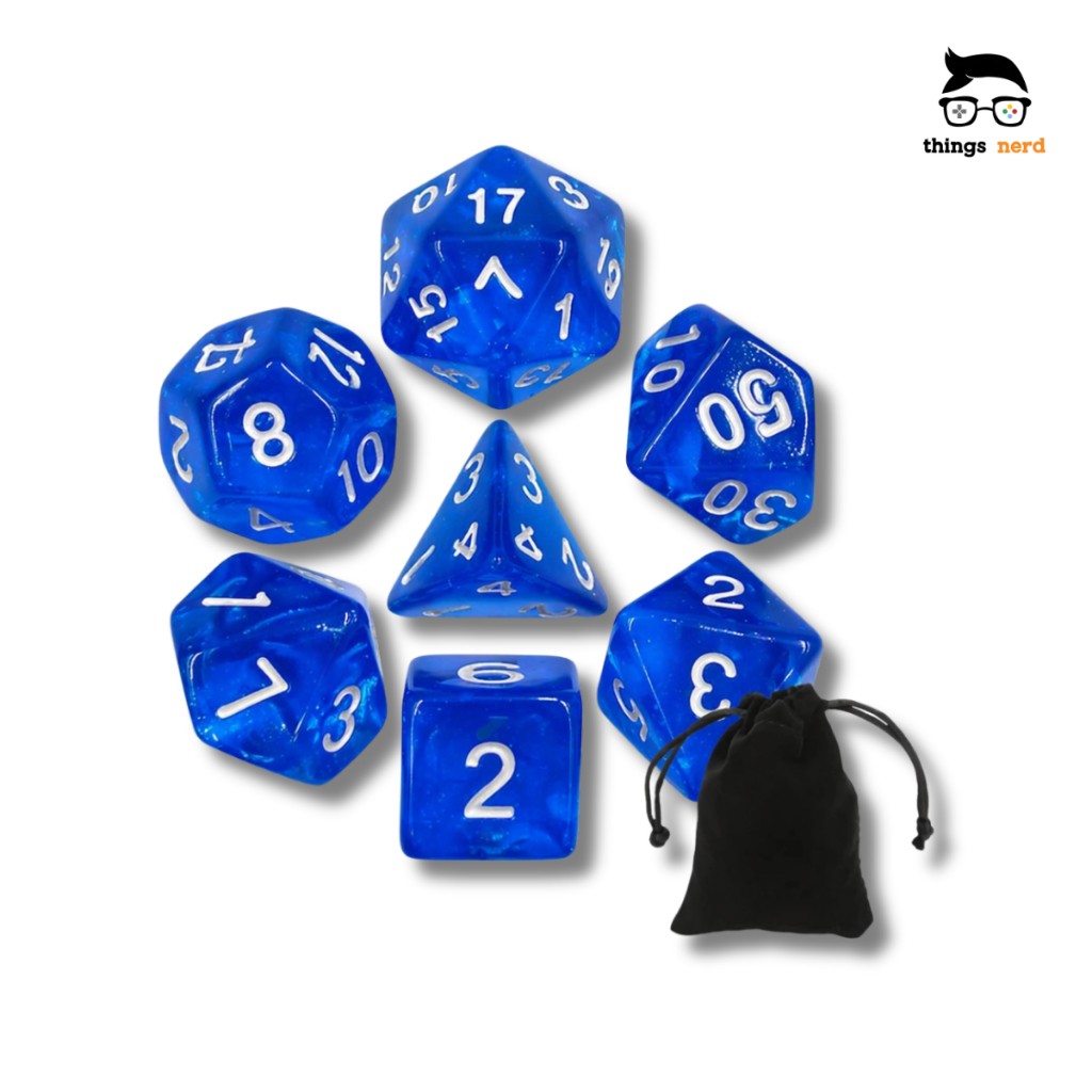 Kit 7 Dados RPG Azul Translúcido + Bolsa D&D Tormenta Boardgame Vampiros D4 D6 D8 D10 D10% D12 D20