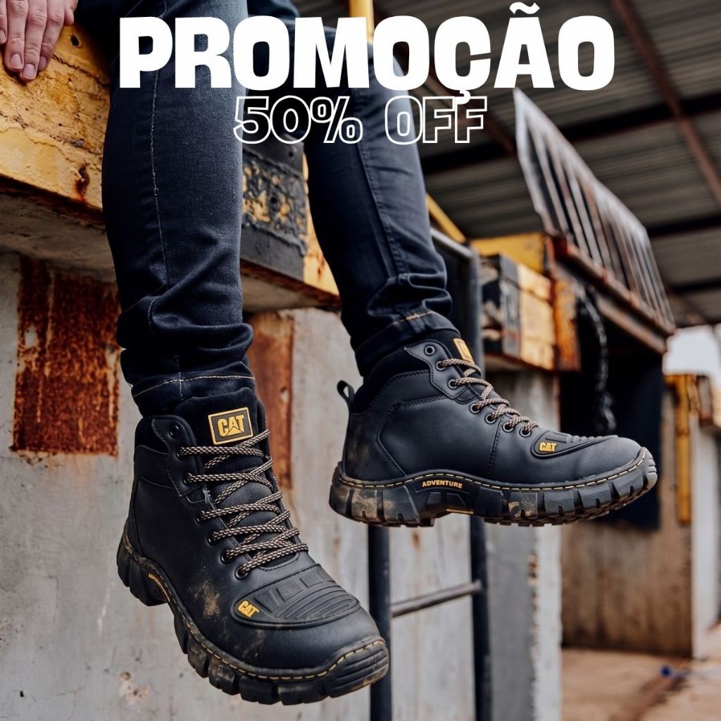 Bota CAT Coturno Preto Masculino Couro Sintético Palmilha Borracha Alta Densidade Promoção 38 Ao 46
