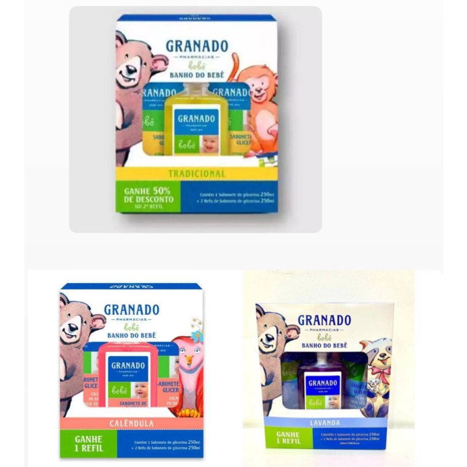 Kit Banho Granado Bebê 1 Sabonete Líquido 250ml + 2 Refis 250ml