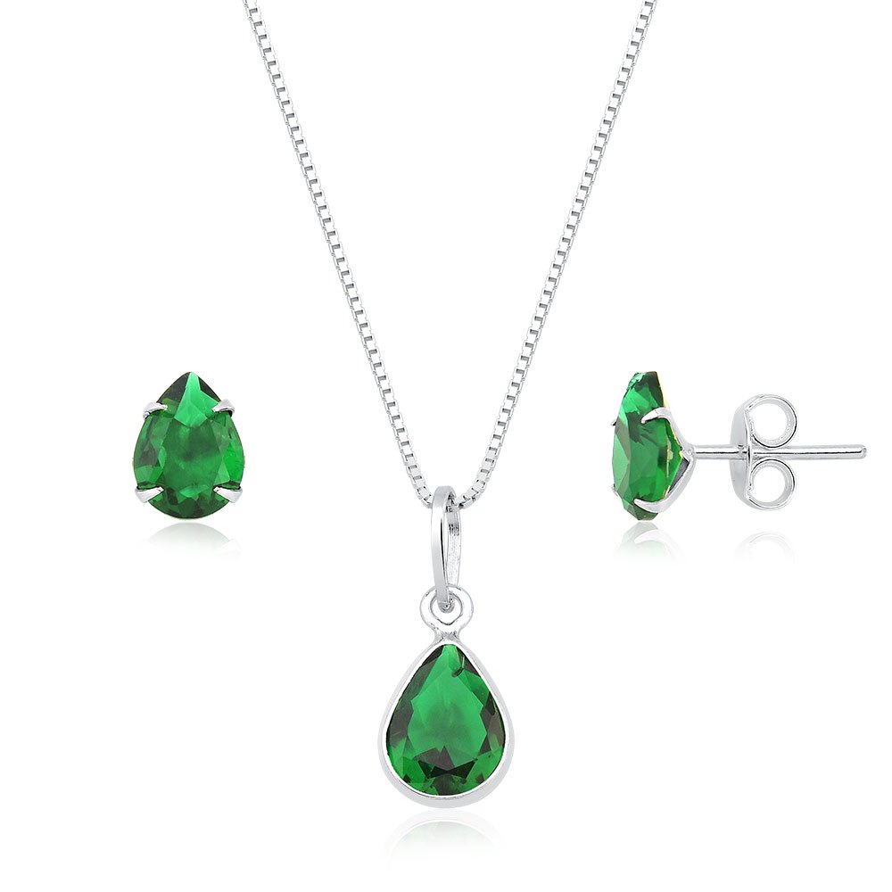 Kit brinco e colar gota ponto de luz prata 925 verde esmeralda