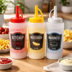 03 Bisnagas Decoradas 350Ml Para Molhos Ketchup Mostarda Maionese Lanchonete Plástico Dosador Refil