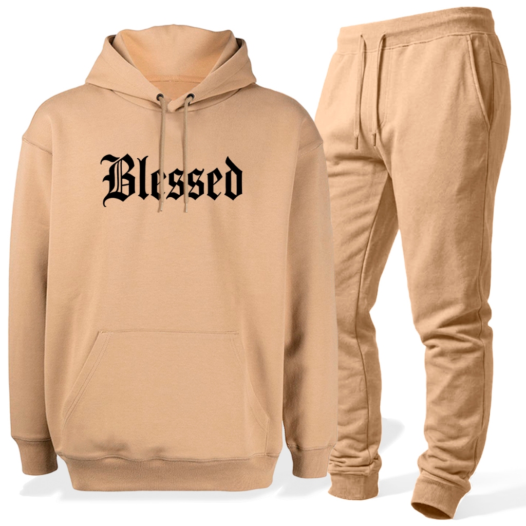 Conjunto Moletom Blusa e Calça Blessed Blusa Canguru Capuz Bolso Algodão Flanelado Quentinho Urbano