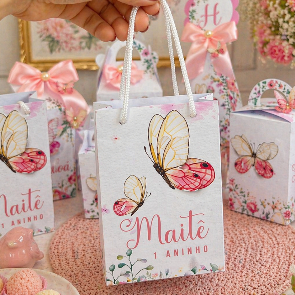 Envio rápido - Mini sacolinha pequena personalizada tema jardim encantando com borboleta 3D