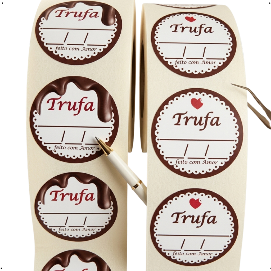Etiquetas Para Trufas e Bombons 3x3cm Couchê auto-Brilho - cola de alta adesão - rolo com 500 cada