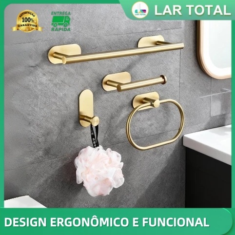 Kit acessórios banheiro 4 peças dourado - toalheiros, cabide e papeleira