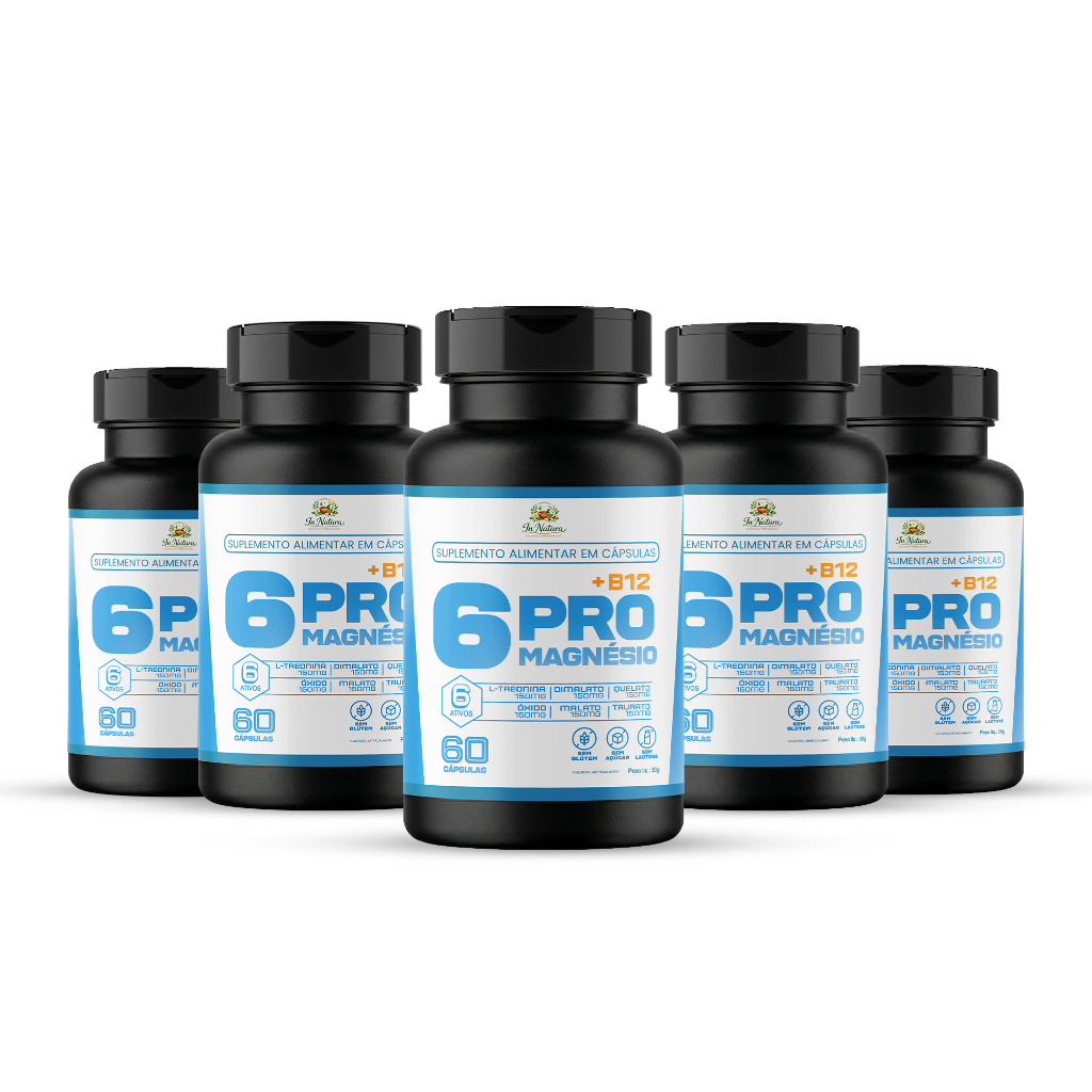 Pague 4 Leve 5 Potes de 6Pro Magnésio: 300 Cápsulas - Quelato Dimalato L-Treonato. Envio Rápido.