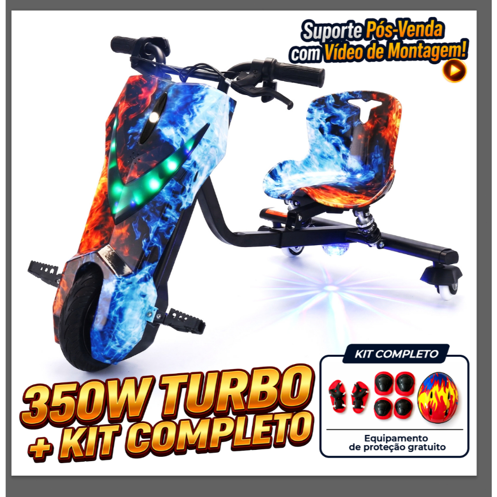 Triciclo Drift Elétrico Profissional 350W - Suporta até 100kg (Adulto e Criança) - Bluetooth + Kit Proteção Completo