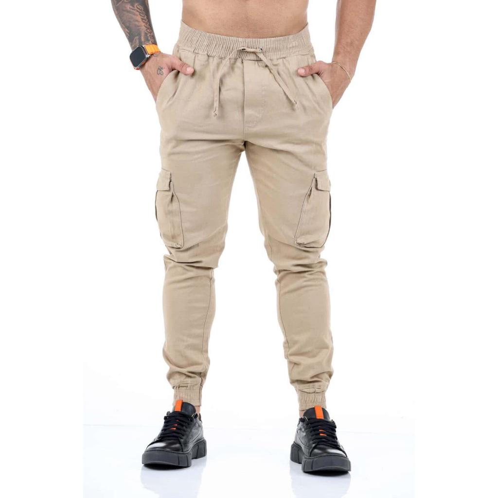 Calça cargo jogger masculino sarja e jeans cor caqui com elástico pronta entrega top