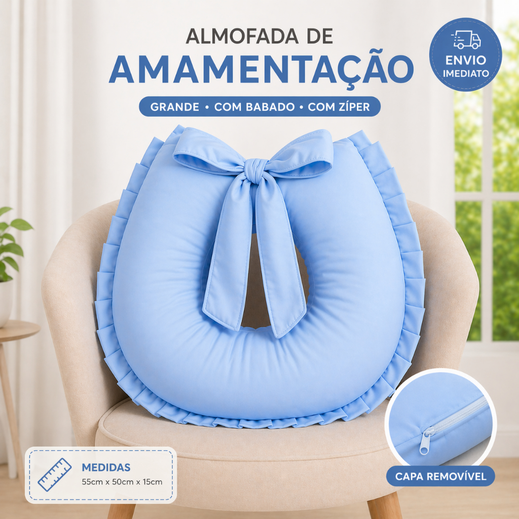 Almofada Amamentação para Amamentar Lisa com Babado e Zíper 100% Poliéster Tamanho Grande