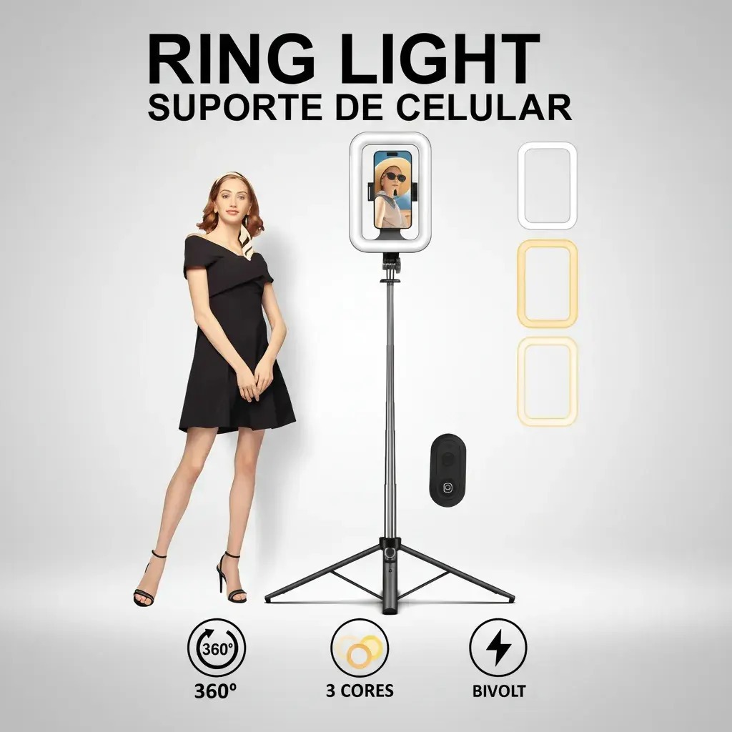 Detalhes do Ring Light Luminária Led Pau de Selfie Com Tripé Até 1,9 M e Suporte De Celular Controle Wireless