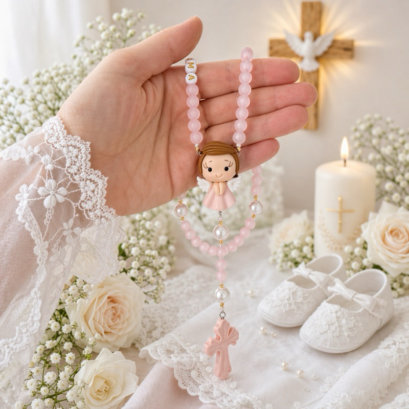Terço infantil Doce Anjinha kit com caixa de presente e organza | terço menina terço anjo da guarda terço batizado