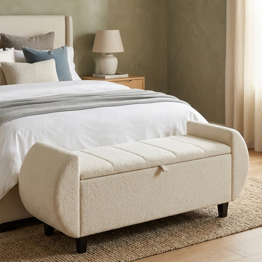 Baú Recamier Divã Puff Toquio 130/150 Cm Tecido Boucle Orgânico Estrutura Madeira Cama Casal Queen Quarto Closet - AV