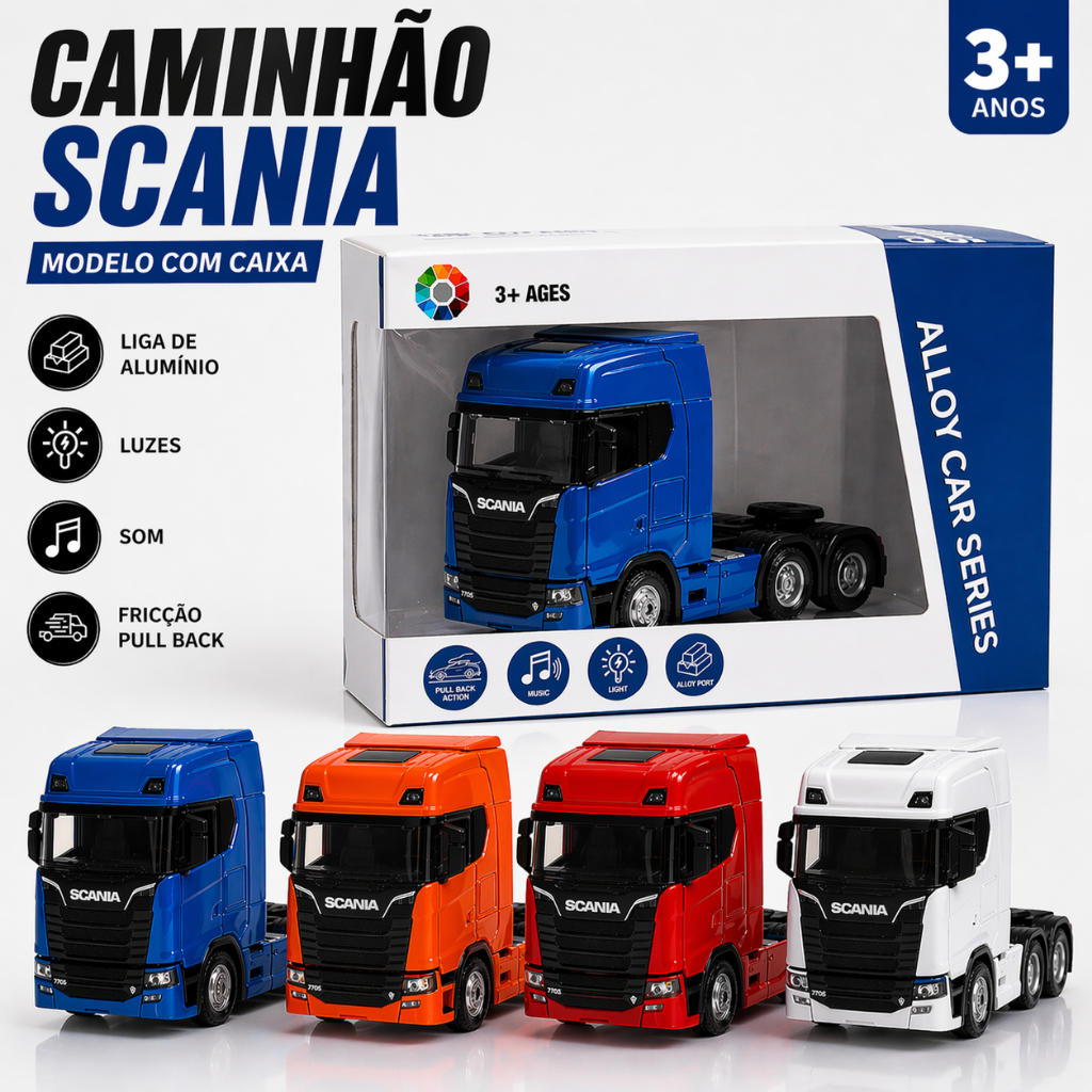 Miniatura Escala 1:32 Caminhão Trucado c/Caixa Scania Metal Luz Som e Fricção Realista Colecionável