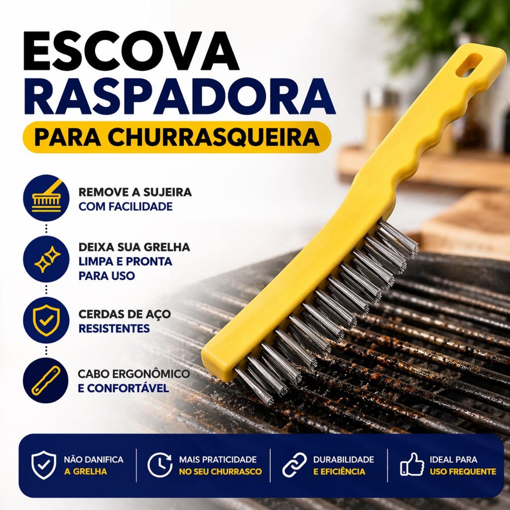 Escova Raspadora de Aço com Raspador Metálico Kit 3 ou 01 Limpa Churrasqueira Grelha Fogão