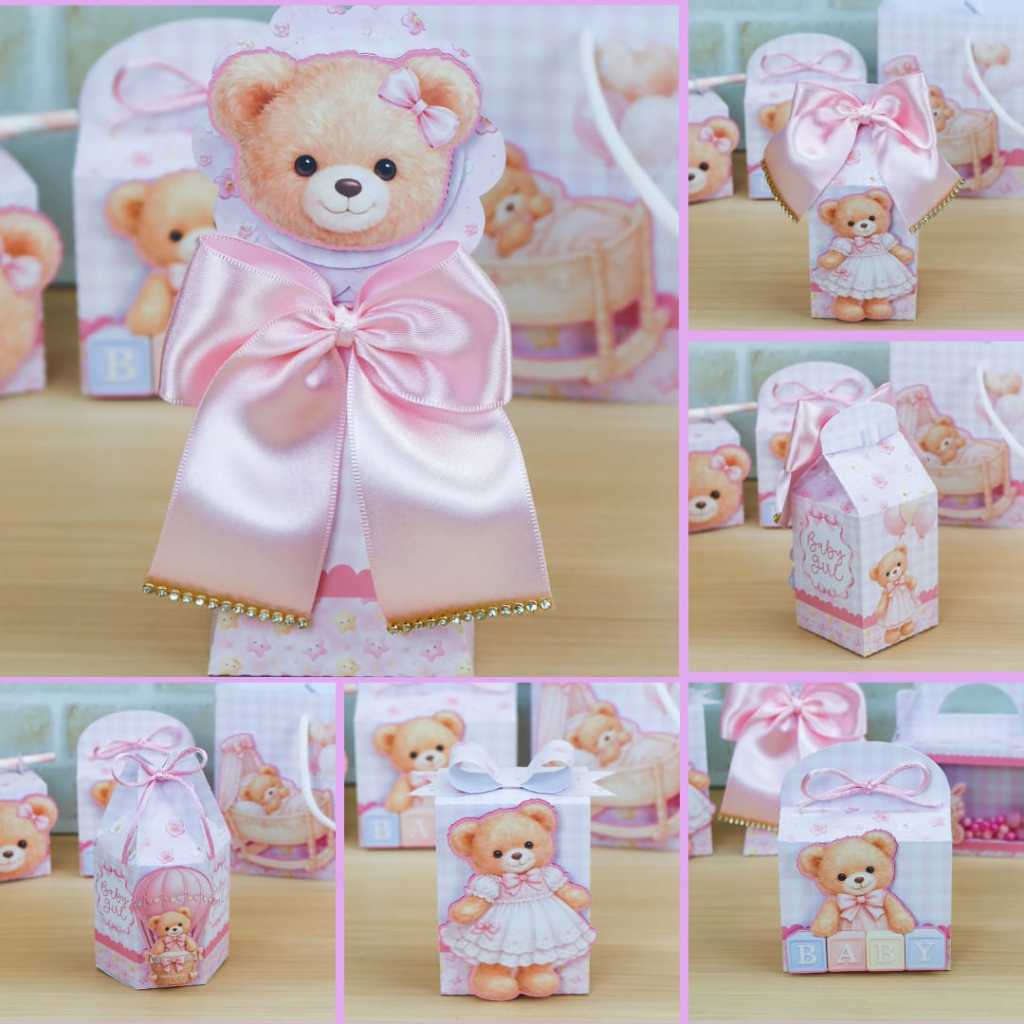 kit caixas personalizadas Desmontadas Ursinha Rosa 2 Chá de Bebê revelação lembrancinhas mimos kit festa