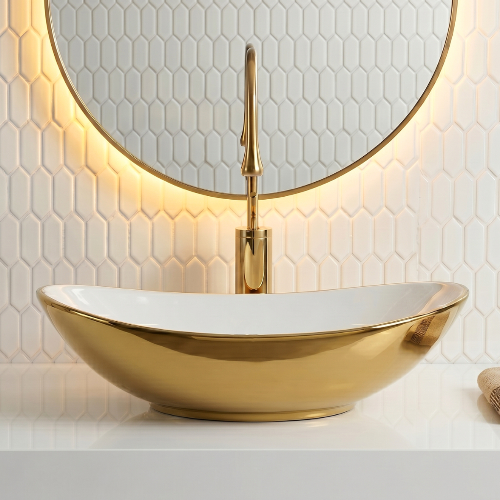 Cuba Pia De Apoio Oval 62x36cm Dourado Com Branco Pia Cerâmica Para Banheiro - Vivaz®