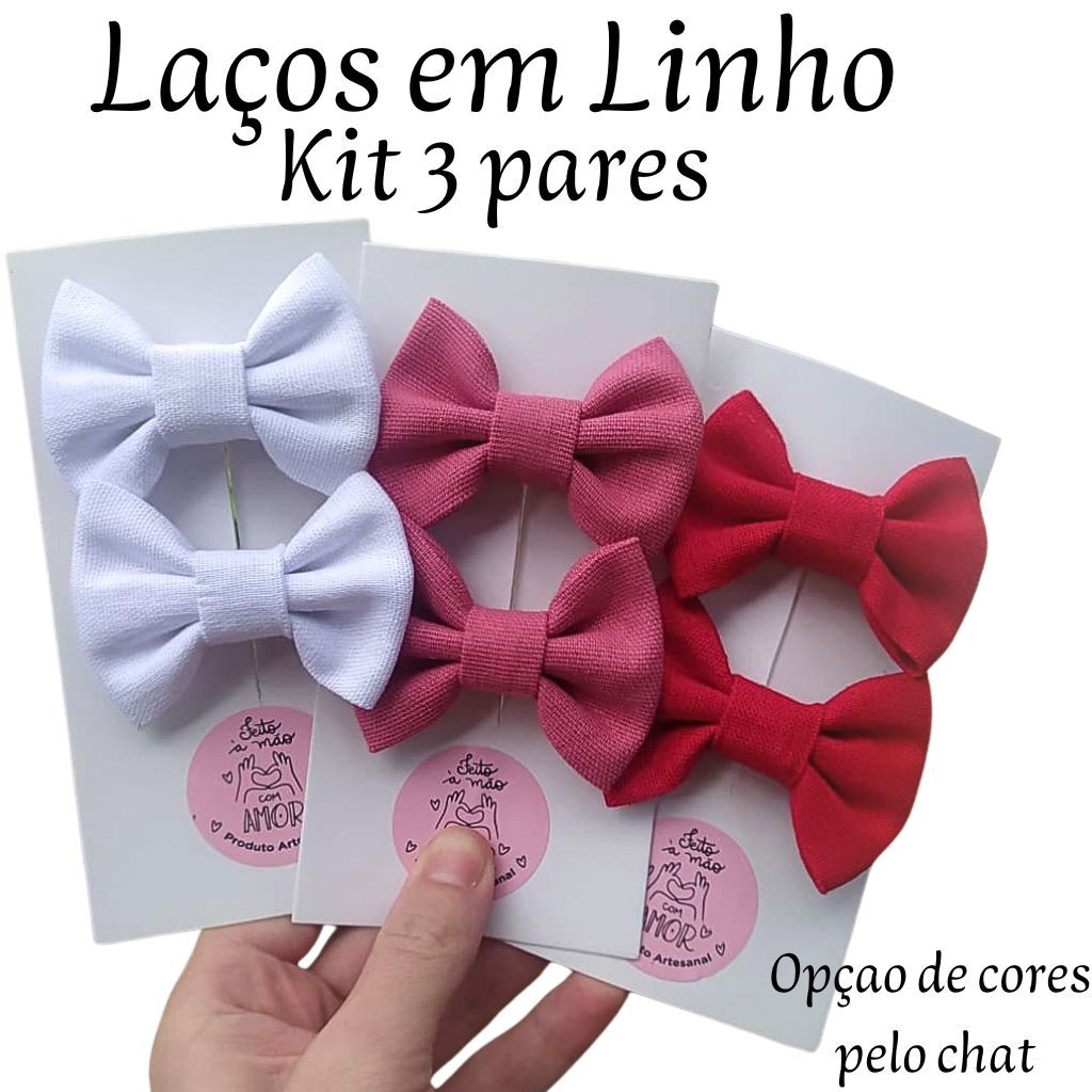 Laço de Linho Kit 3 Pares Para Menina Bebê Presilha Não Escorrega Acessório De Cabelo