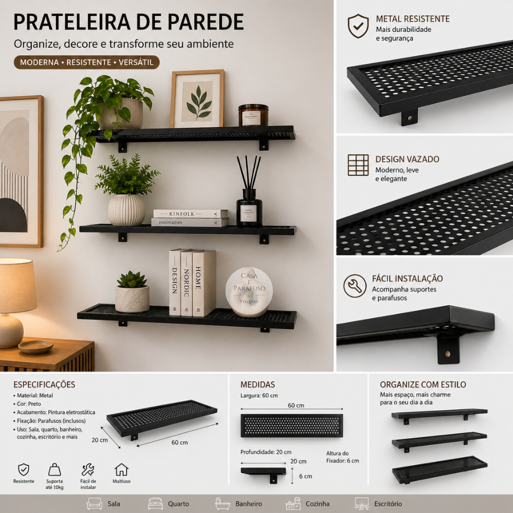 Prateleira  Industrial Com Grade 20x60cm Decoração- 102